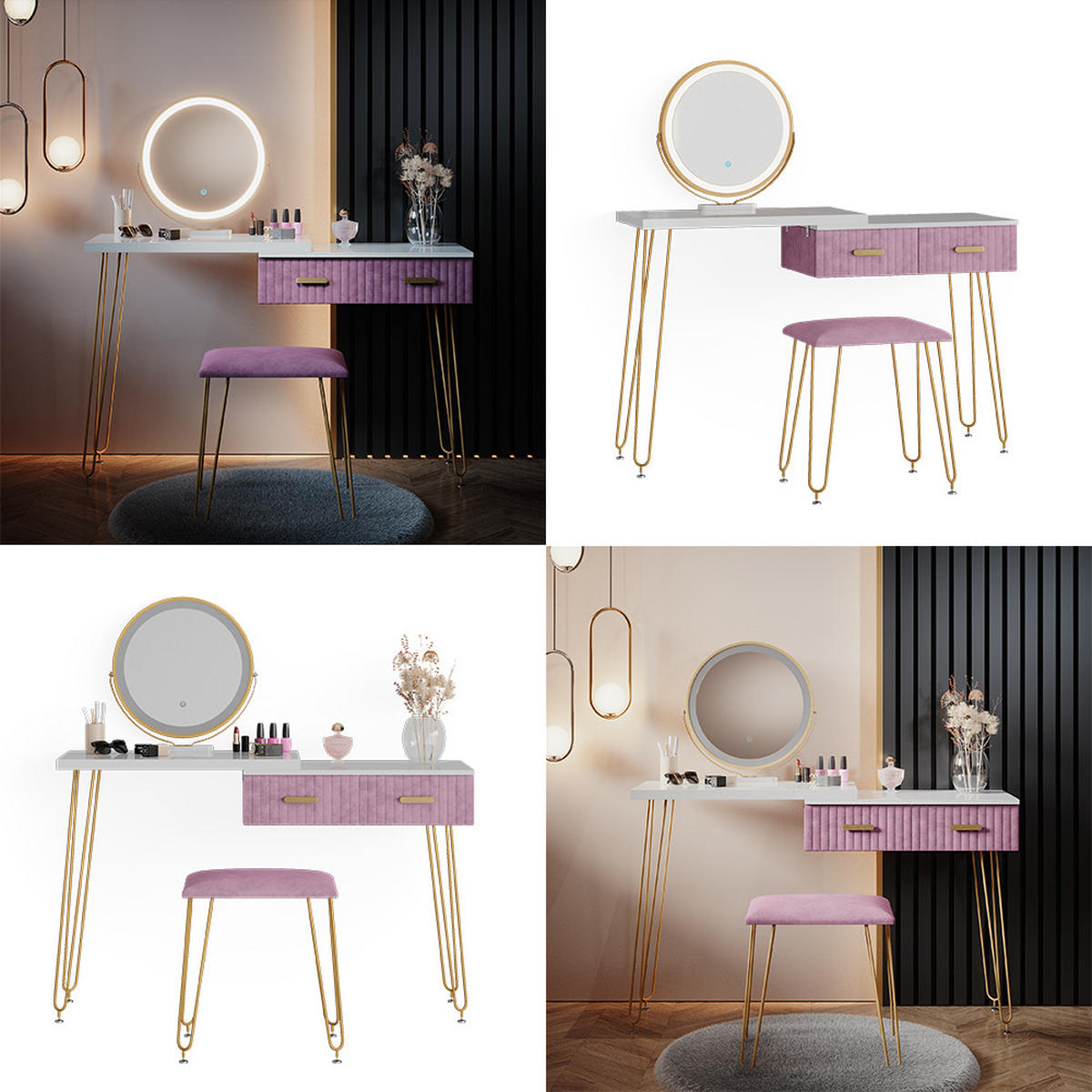 SCHMINKTISCH Zoey Rosa 120 cm mit LED Beleuchtung und Hocker - Pink, Holzwerkstoff (120/76/37cm) - Vicco