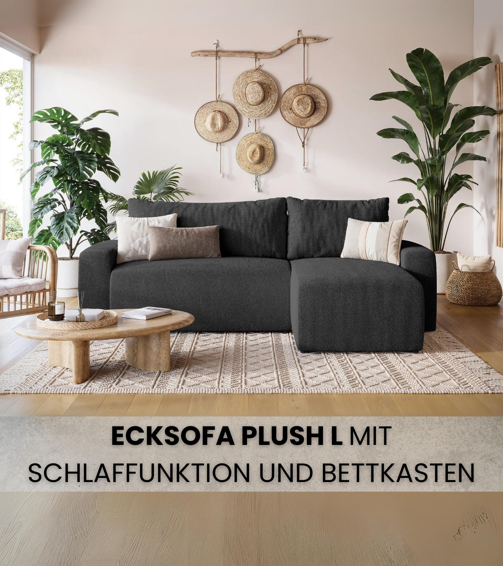 ECKSOFA PLUSH mit Schlaffunktion Anthrazit Boucle - Anthrazit, Textil (240/145cm) - Bromarkt