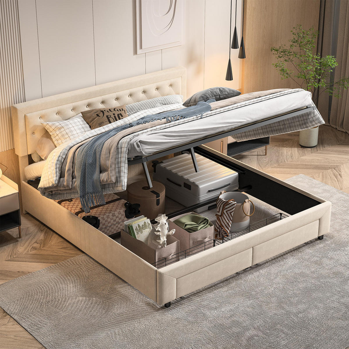 POLSTERBETT 160x200cm, Beige, Samt, mit Schubladen und Lattenrost, ohne Matratze - Beige, Holz (160/200cm) - WoodenAura