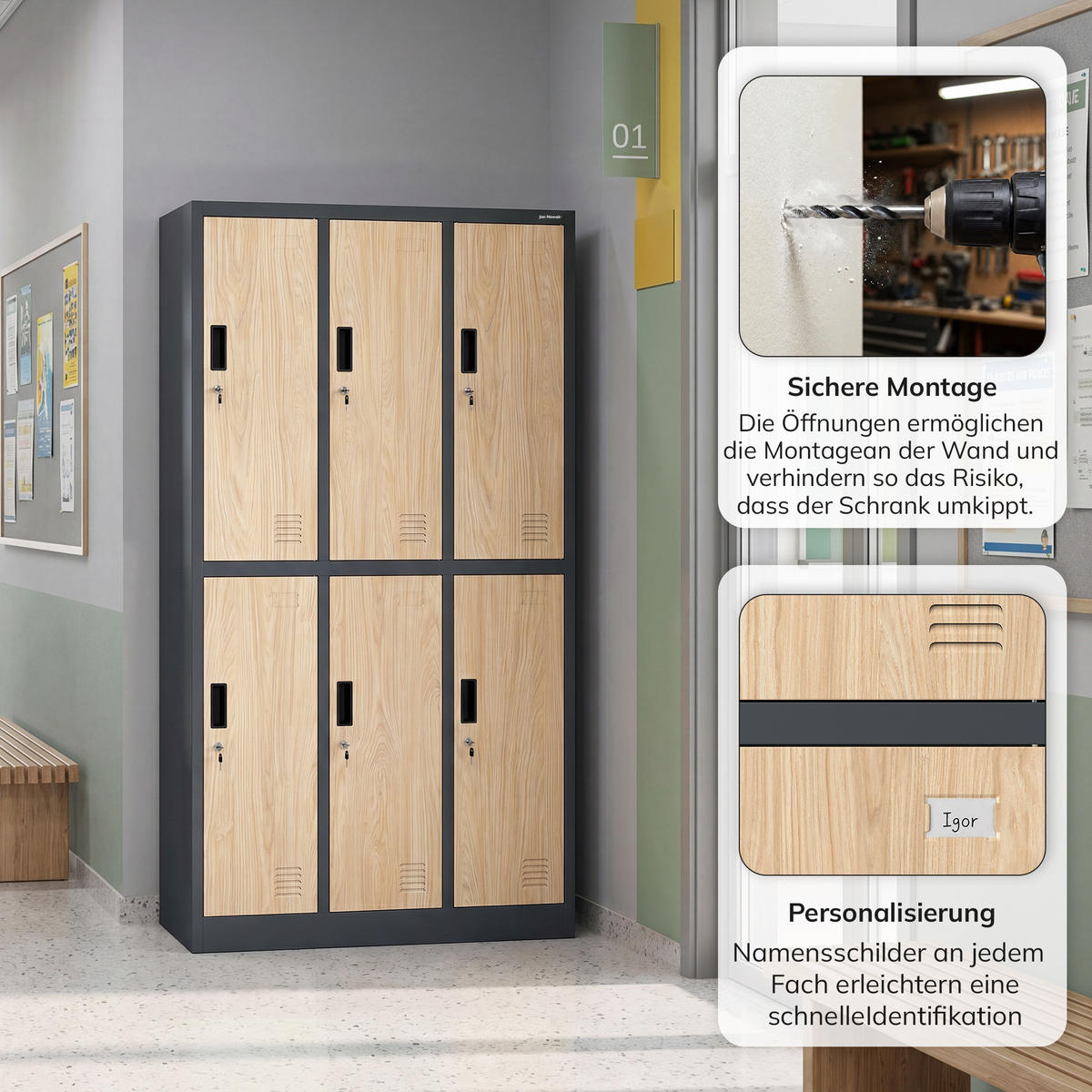 ARBEITSSCHUTZ-GARDEROBENSCHRANK 6-Türiger IGOR 185x90x45 cm - Anthrazit/Sonoma Eiche, Metall (90/185/45cm) - Jan Nowak