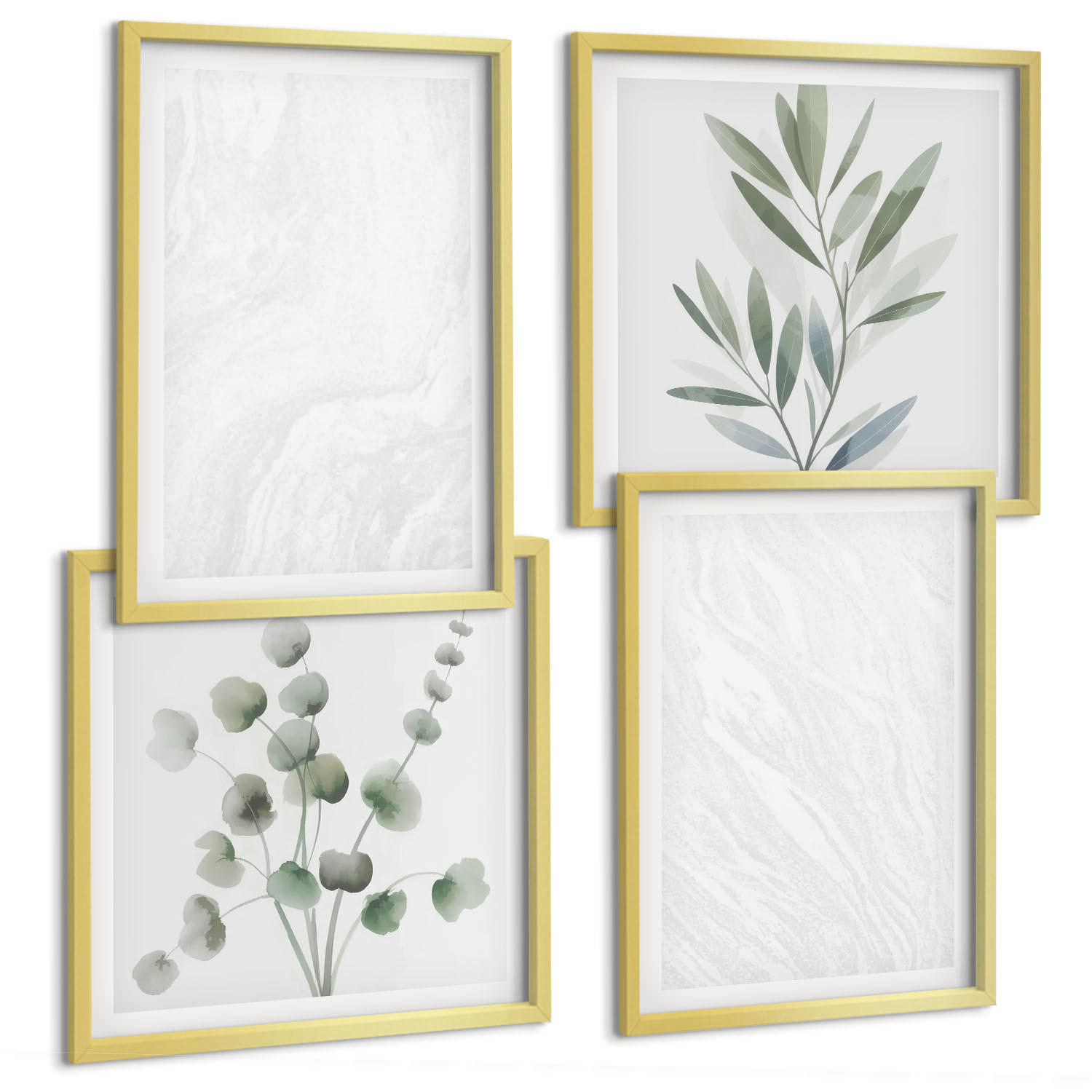 BILDER SET 4er Set - 50x50 cm & 40x60 cm Goldrahmen - Marmorstruktur, pastellfarbene Zweige - Goldfarben, Kunststoff (50/50cm) - TULUP
