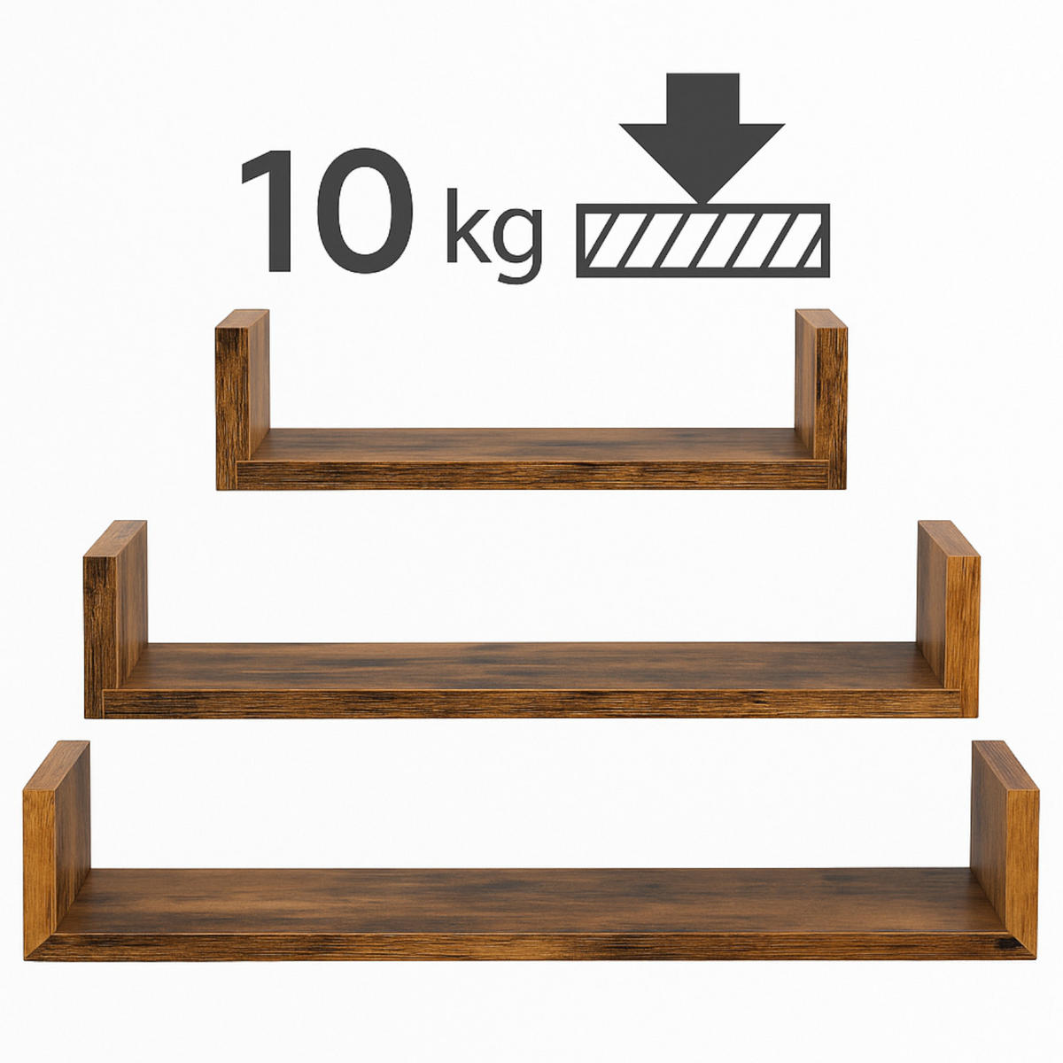 WANDREGAL Holzoptik Dunkelbraun 3er-Set U-Form 30/45/60x15x10 cm - Dunkelbraun, Holzwerkstoff (60/10/15cm) - Begryf