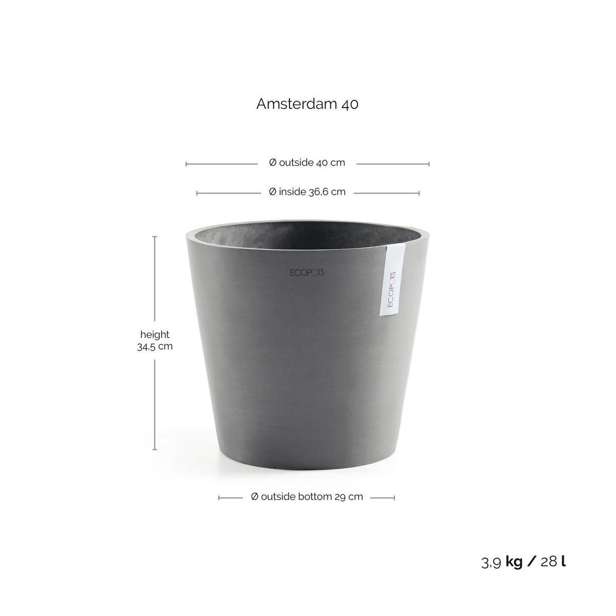 BLUMENTOPF Amsterdam 40/34,5 cm Grau - Grau, Kunststoff (40/34.5cm) - Ecopots