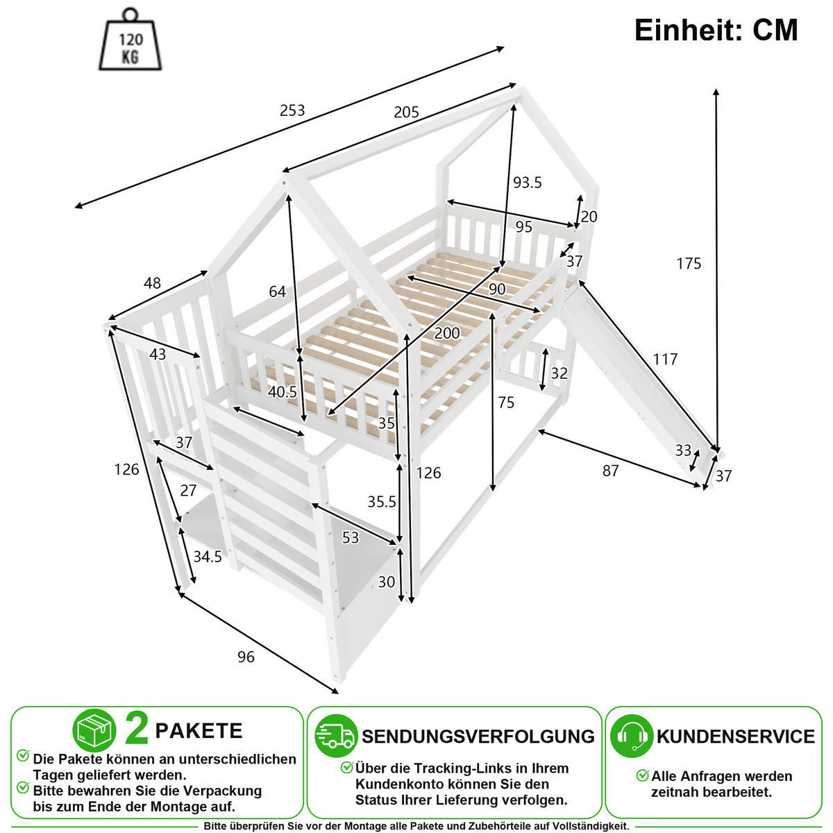 ETAGENBETT 90/200 cm in Weiß mit Stauraumtreppe, Rutsche und Geländer - Weiß, Holz/Holzwerkstoff (90/200cm) - CHICFURN