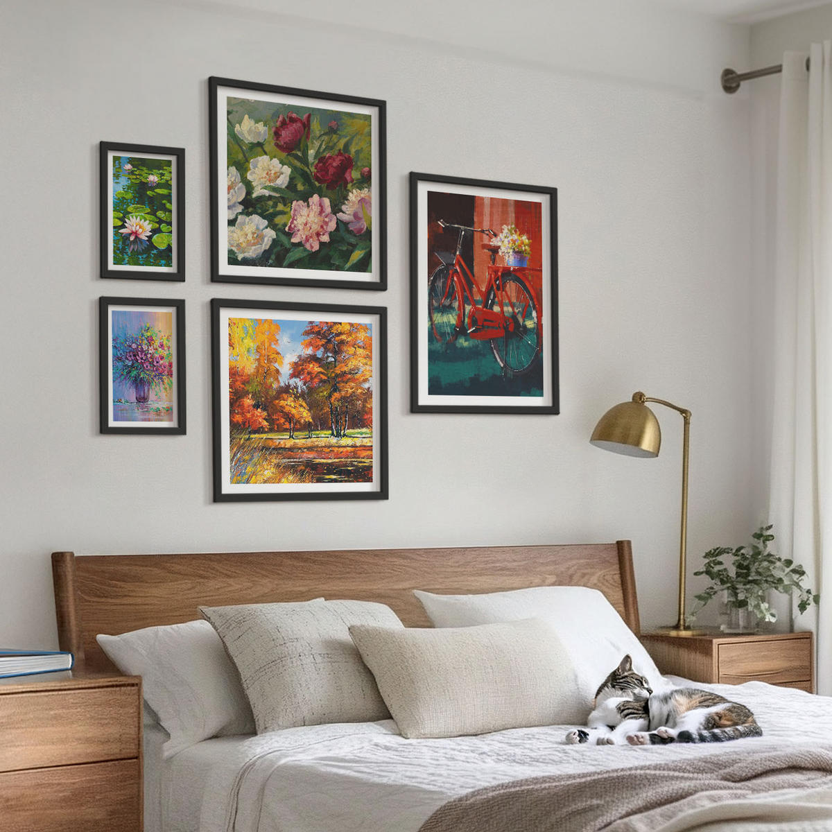 BILDER SET 5er Set - 50x50 cm & 20x30 cm & 40x60 cm Schwarzer Rahmen - Seerosen, Fahrradblumen - Schwarz, Kunststoff (40/60cm) - TULUP