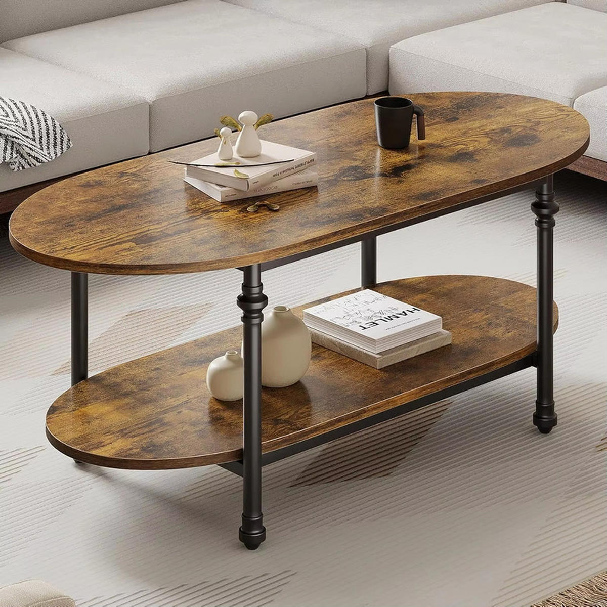 COUCHTISCH oval niedrig 2 Ebenen Mid Century Retro Design - Braun, Holz (119/54/43cm) - Kaket