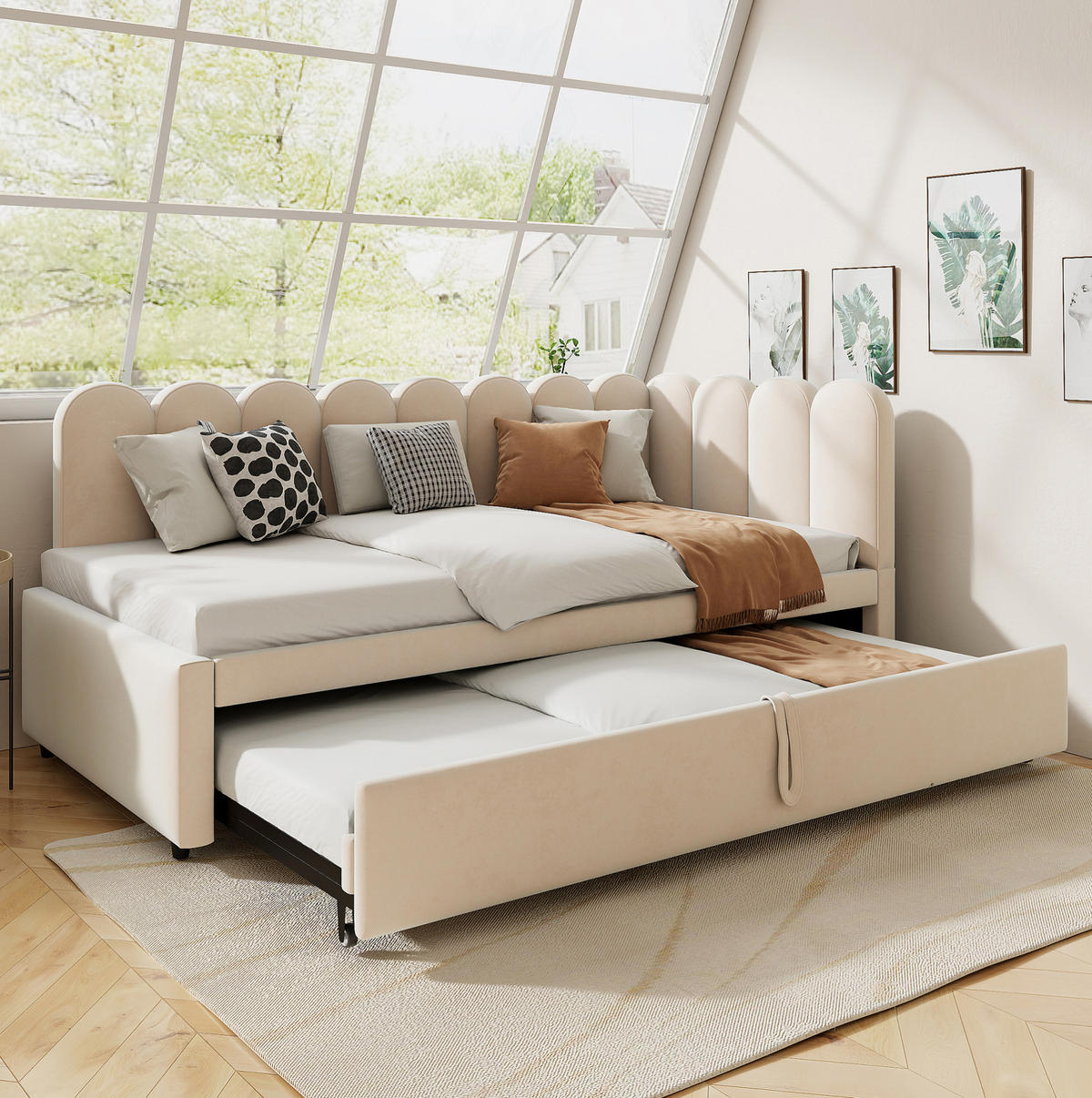 SCHLAFSOFA 90/200 cm mit Ausziehbett, L-Form und Samtbezug, Beige - Beige, Textil (90/200cm) - Redom