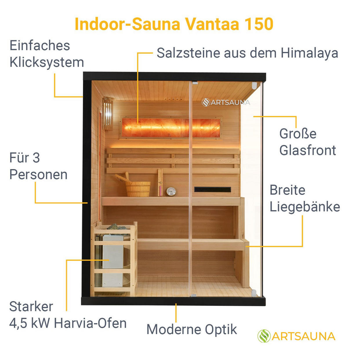 SAUNA Vantaa 150 x 140 cm mit 4,5 kW Saunaofen - Naturfarben, Holz (140/190/150cm) - Artsauna