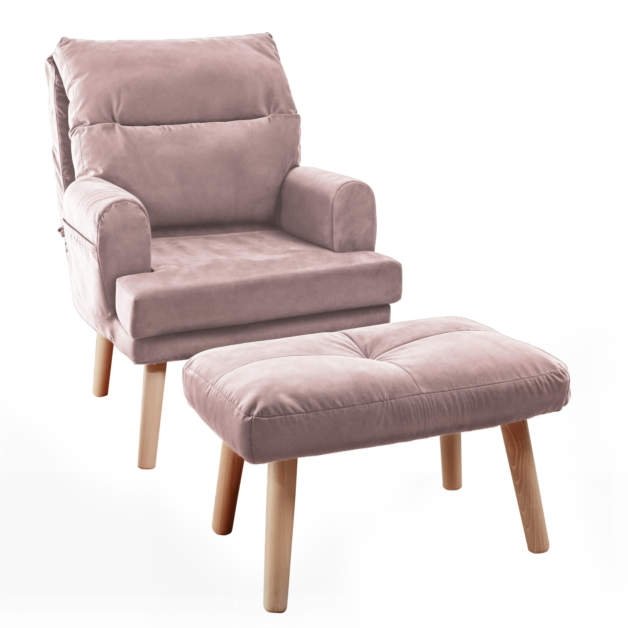 RELAXSESSEL NEMO mit Hocker und Holzfüßen - Rosa, Holz (65/95/65cm) - Idohome
