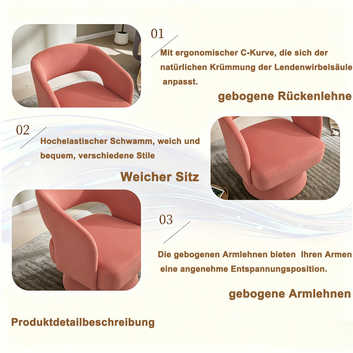 SESSEL Chenille Pink drehbar - Rosa, Holzwerkstoff/Textil (68/75/66cm) - WISHDOR
