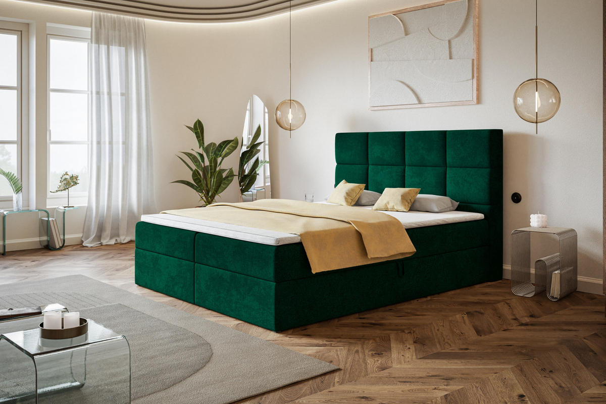 BOXBETT ROMA mit 2 Bettkästen, 160x200, Farbe: Dunkelgrün, Velourstoff, Doppelbett mit Bonell-Matratze - Dunkelgrün, Holz/Kunststoff (160/200cm) - Alpi-Möbel
