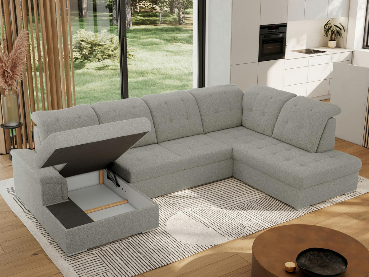 WOHNLANDSCHAFT MADRITO U - Hellgrau Boucle - Rechts - Silberfarben/Hellgrau, Textil/Metall (323/89/204cm) - MKS