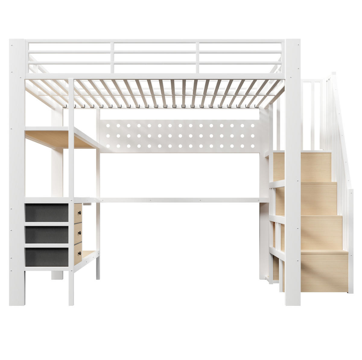 HOCHBETT 140/200 cm, Weiß mit Schubladen, Tisch, LED-Licht ohne Matratze - Weiß, Metall (140/200cm) - MIVRAY