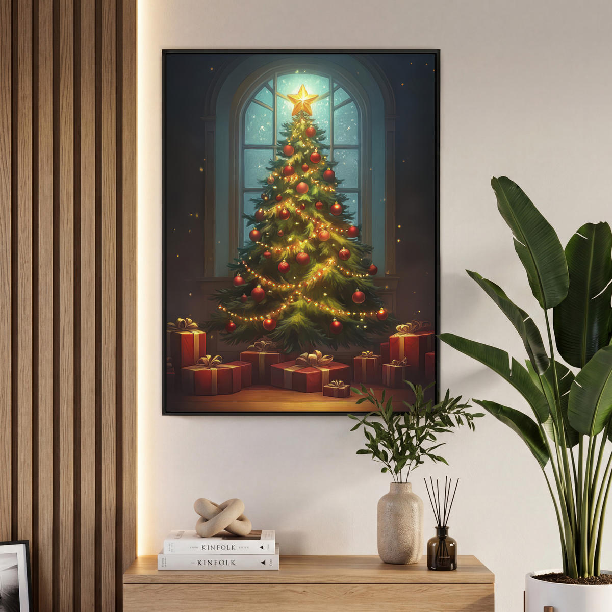 LEINWAND Bilder mit Rahmen - Weihnachtsbaum - Geschenk - Winter - 70x100 - Grün, Textil (70/100cm) - MuchoWow