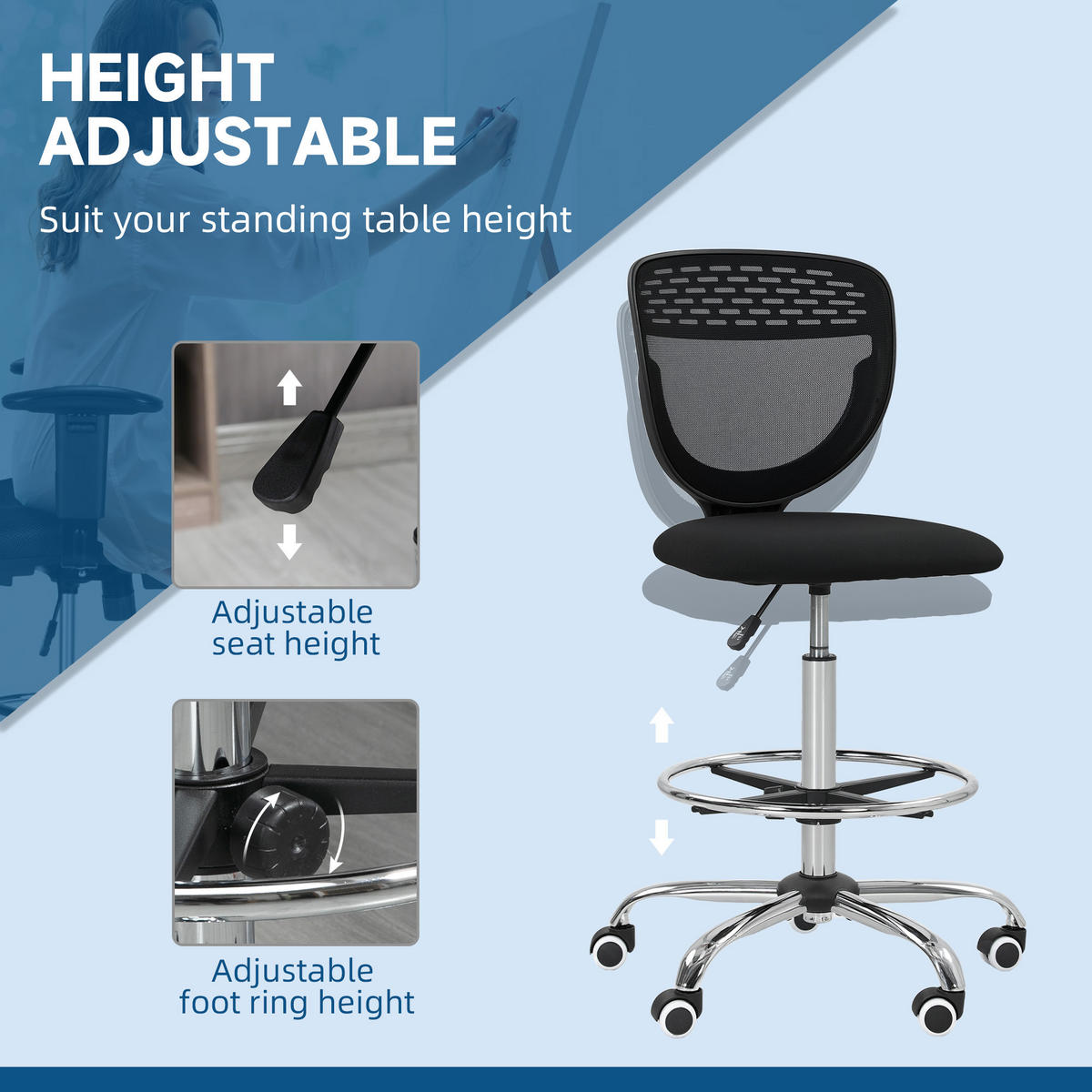 BÜROSTUHL Ergonomischer Schreibtischstuhl mit verstellbarer Fußring Schwarz - Schwarz, Kunststoff (59/126/59cm) - Vinsetto