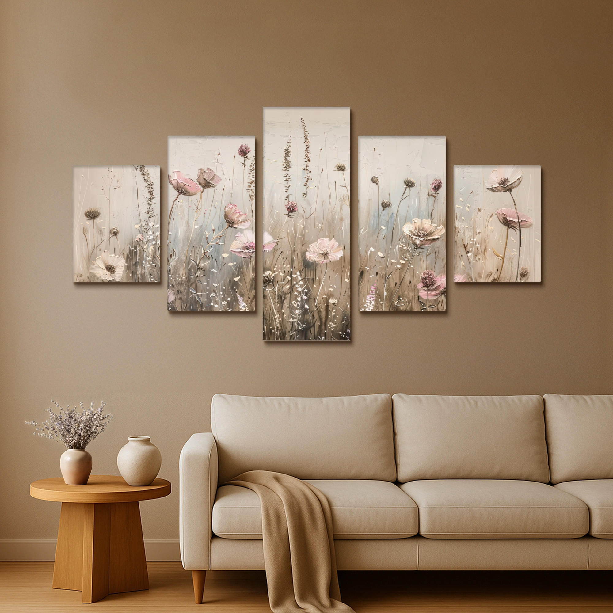 LEINWANDBILD 5er Set Blumen - Beige - Modern - Rosa 150x80 cm - Ecru, Textil (150/80cm) - MuchoWow