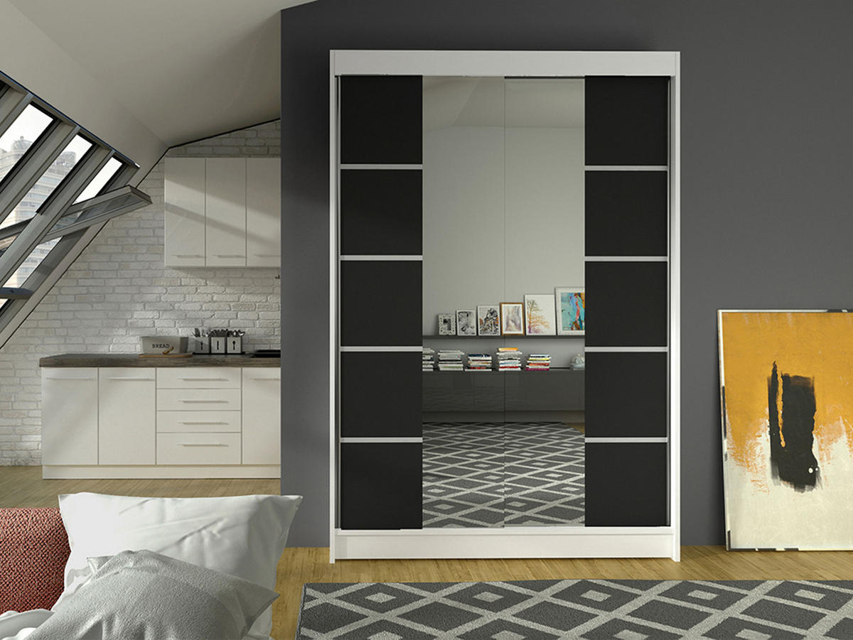 SCHWEBETÜRENSCHRANK Lino V - Schwarz/Weiß, Holzwerkstoff/Metall (120/200/58cm) - MIRJAN24