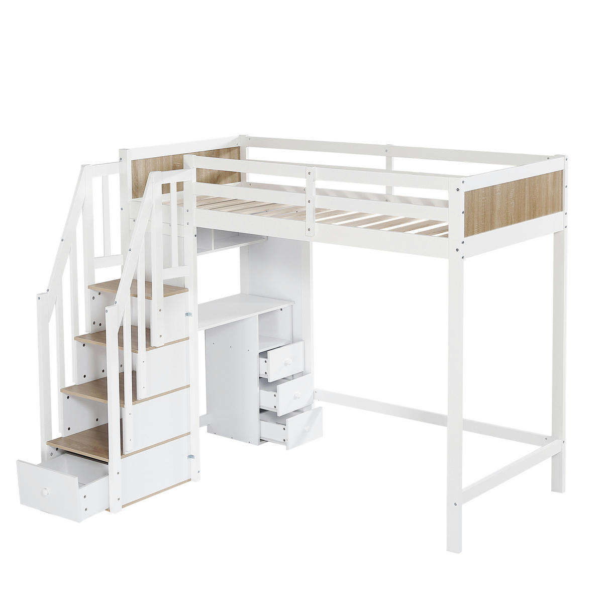 ETAGENBETT 90/200 cm Weiß/Natur mit Schreibtisch und Stauraumtreppe ohne Matratze - Weiß, Holz (90/200cm) - MIVRAY