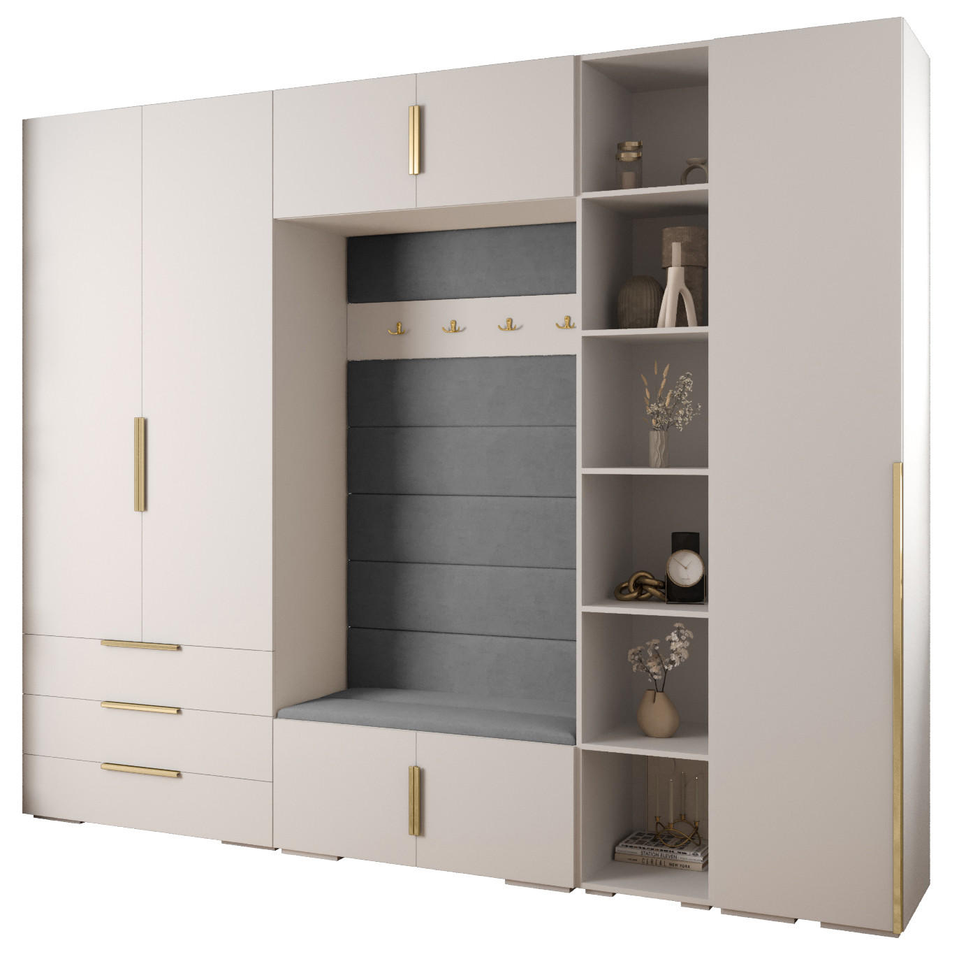 Abiks Möbel Garderoben-Set Weiß, Grau, Gold 290x236.7x47 cm