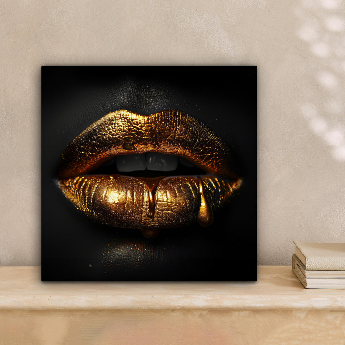 LEINWANDBILD Frau - Porträt - Lippen - Gold - Schwarz Deko Wohnzimmer 20x20 cm - Schwarz, Textil (20/20cm) - MuchoWow
