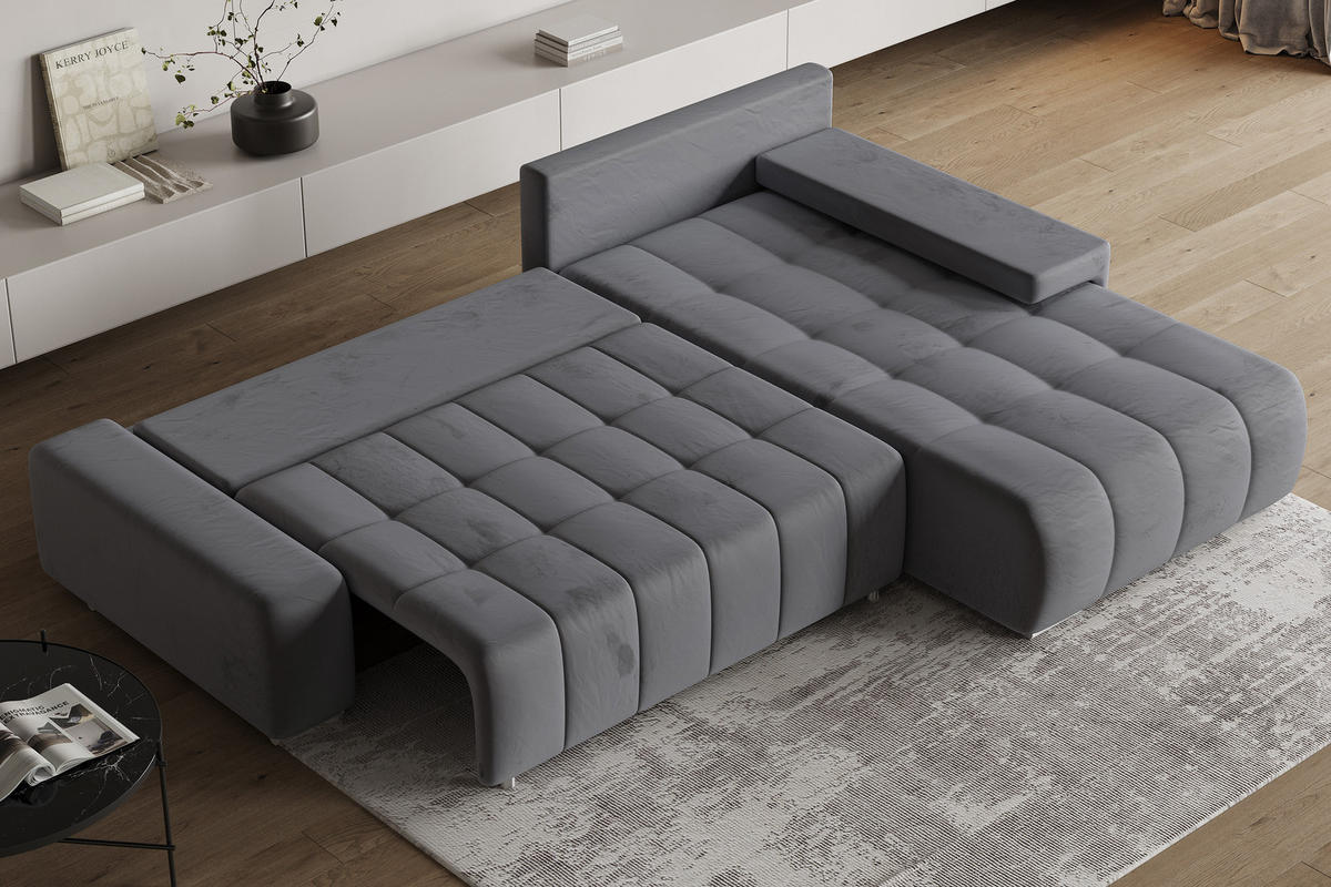 ECKSOFA ALESE R-S Grau Velours-Stoff mit Schlaffunktion - Grau, Holz (265/185cm) - MASSENO