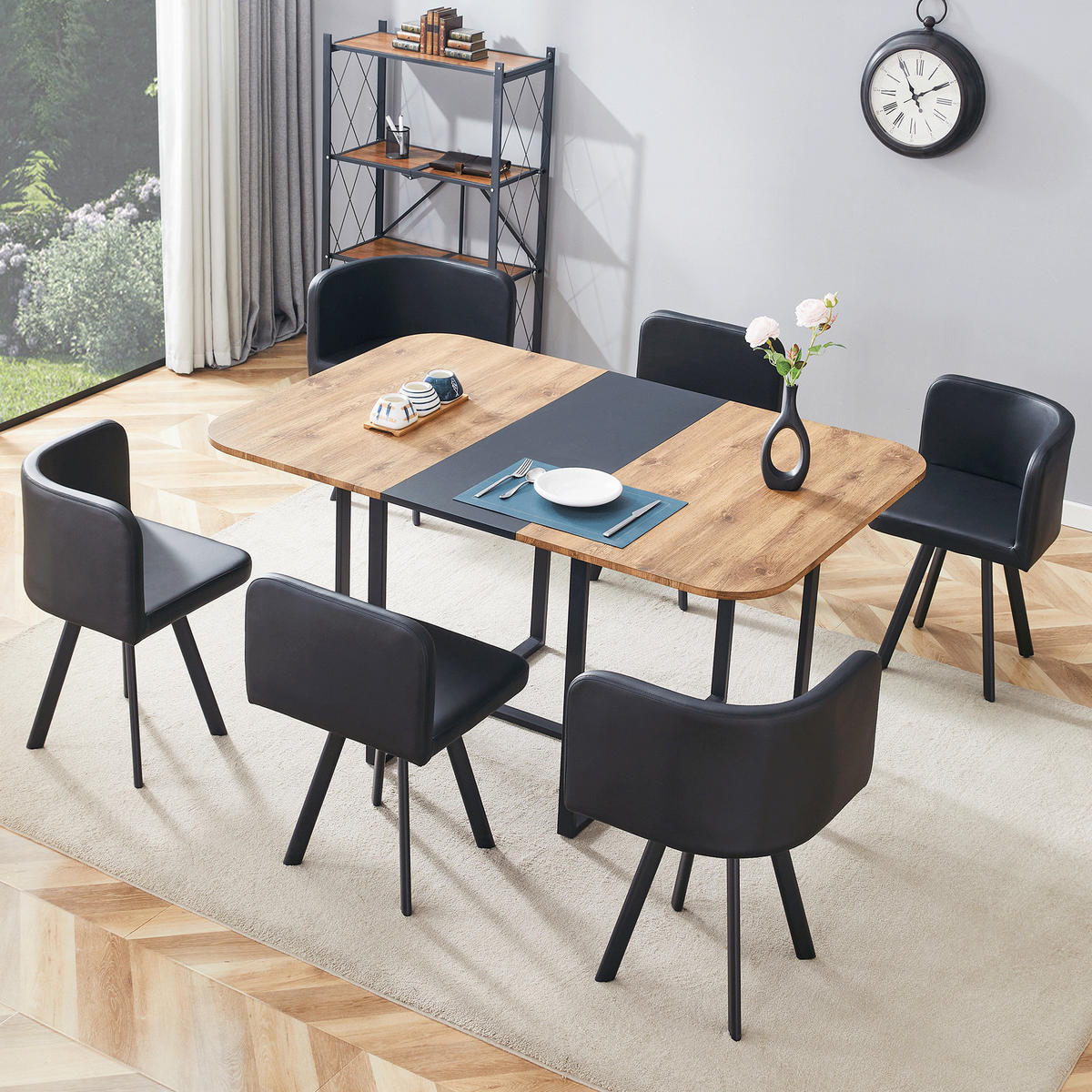 ESSGRUPPE DE-39495 ausziehbar, mit 4 Stühlen und Metallgestell Holzoptik/Schwarz - Schwarz/Naturfarben, Holzwerkstoff (150/79/100cm) - ComfortXL