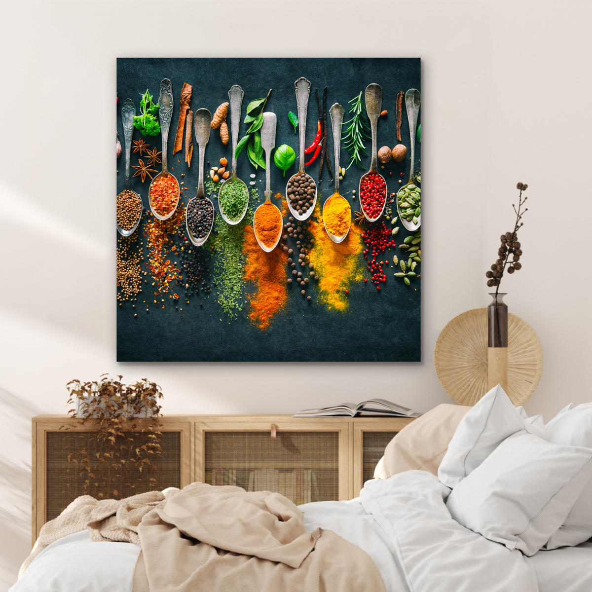 KOVOVÝ OBRAZ Bylinky - korenie - lyžičky 90x90 cm - kari žltá, kov (90/90cm) - MuchoWow
