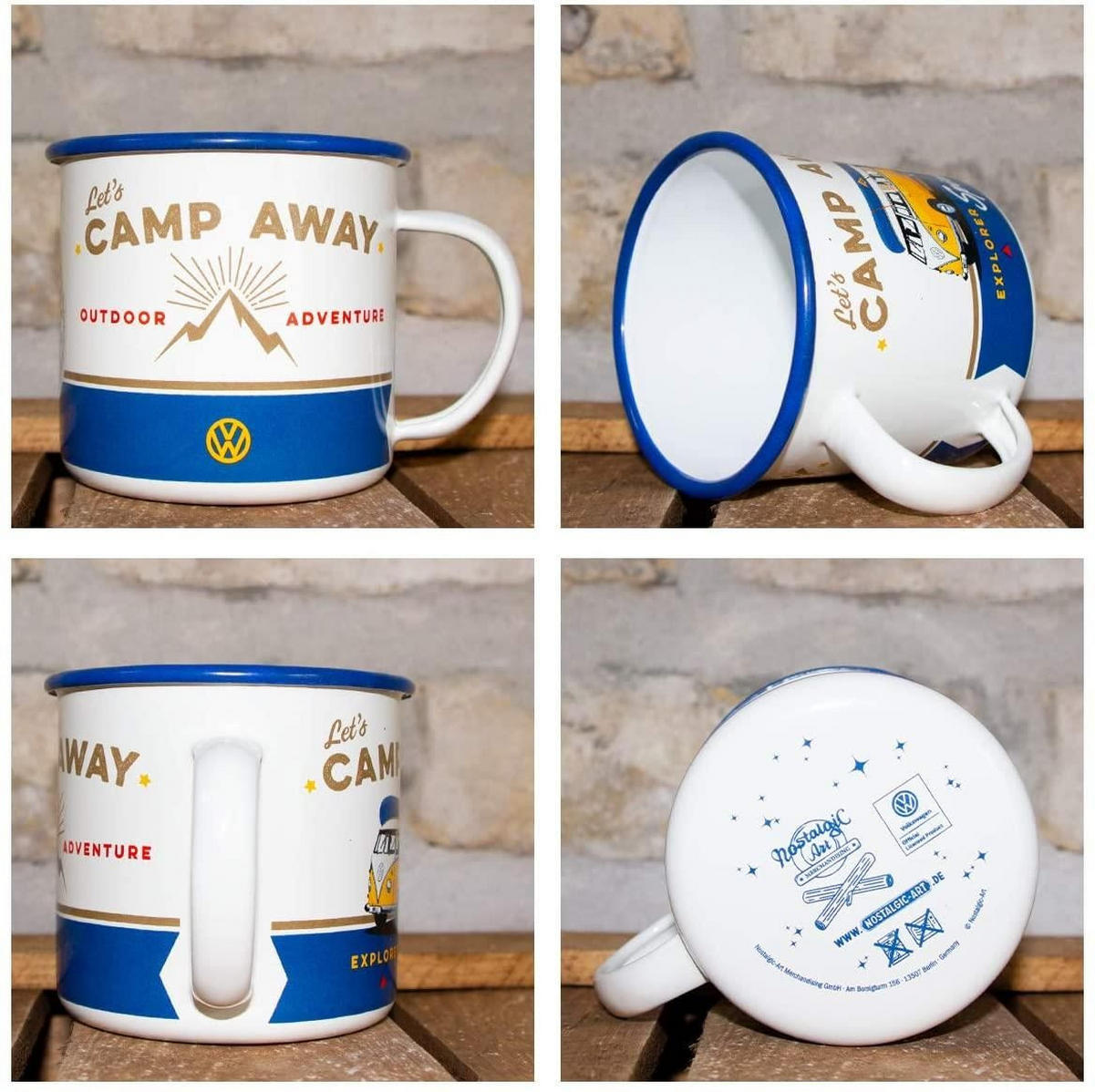 EMAILLE-BECHER 360 ml Volkswagen VW Bulli Let's Camp Away - Currygelb/Creme, Metall (0.36L) - Nostalgic-Art