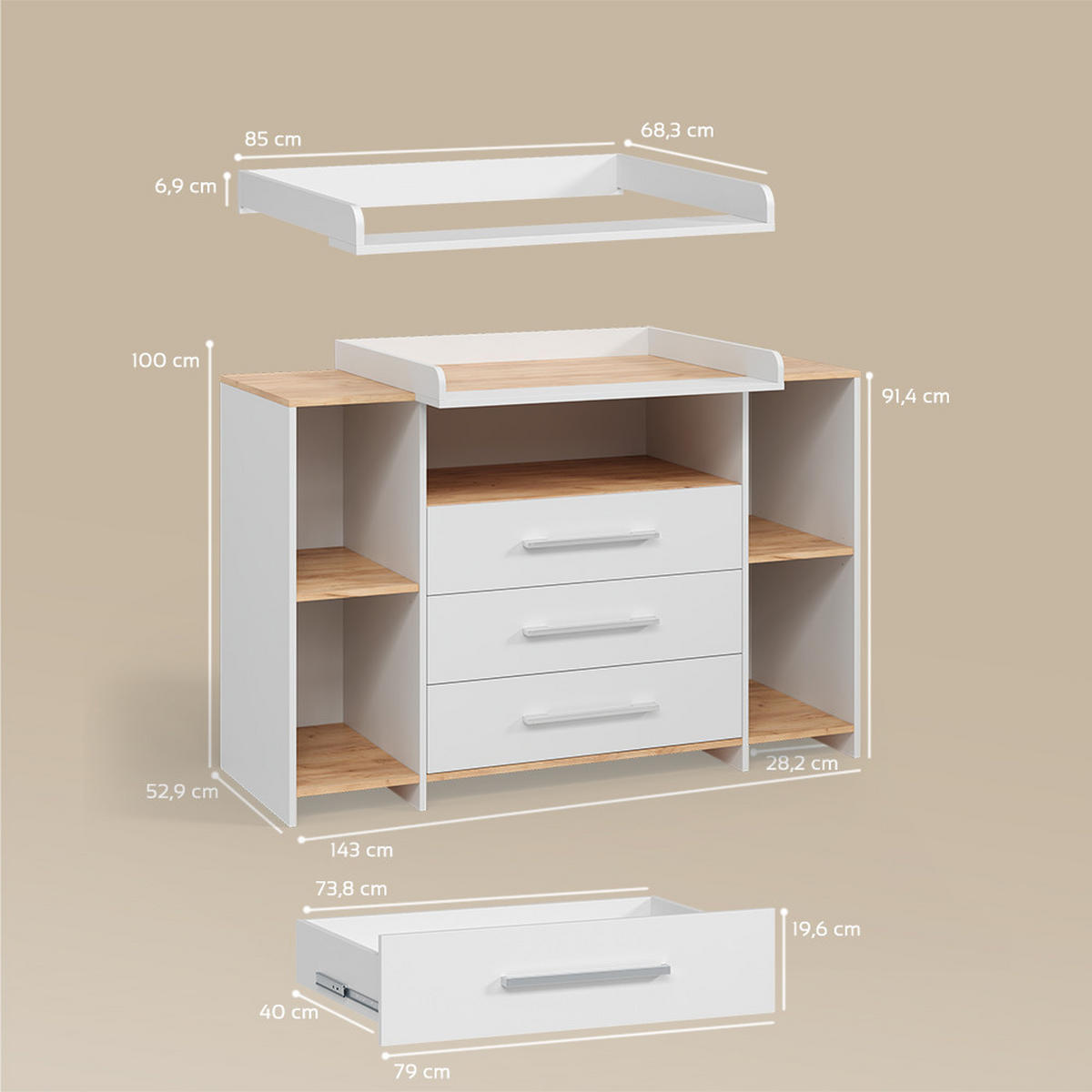 WICKELKOMMODE Torino Weiß/Goldkraft Eiche mit 3 Schubladen - Honigeiche/Weiß, Holzwerkstoff (143.2/93/53.1cm) - Livinity®