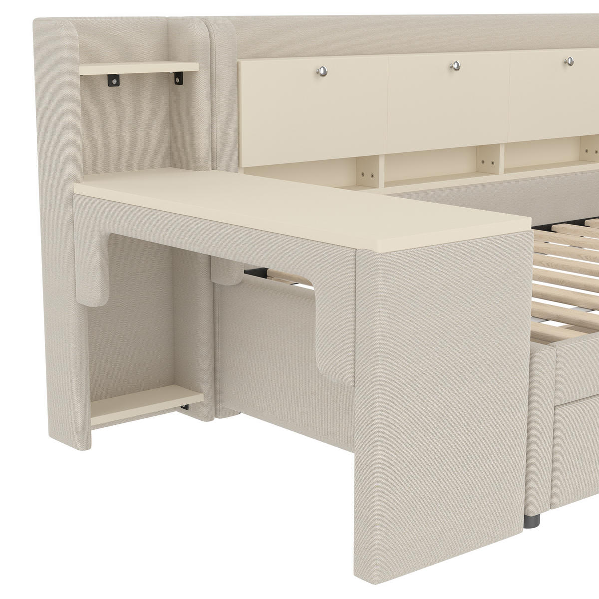 TAGEBETT 90x200cm Beige Leinen 2 Schubladen Schreibtisch USB-C - Beige, Holz (90/200cm) - FLIEKS