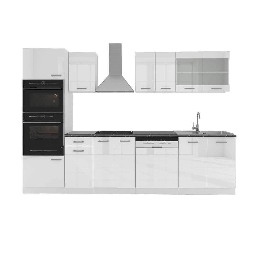 KÜCHENZEILE R-Line Weiß Hochglanz/Weiß 300 cm mit Hochschrank AP Anthrazit - Weiß Hochglanz/Weiß, Holzwerkstoff (300/81.6/60cm) - Vicco