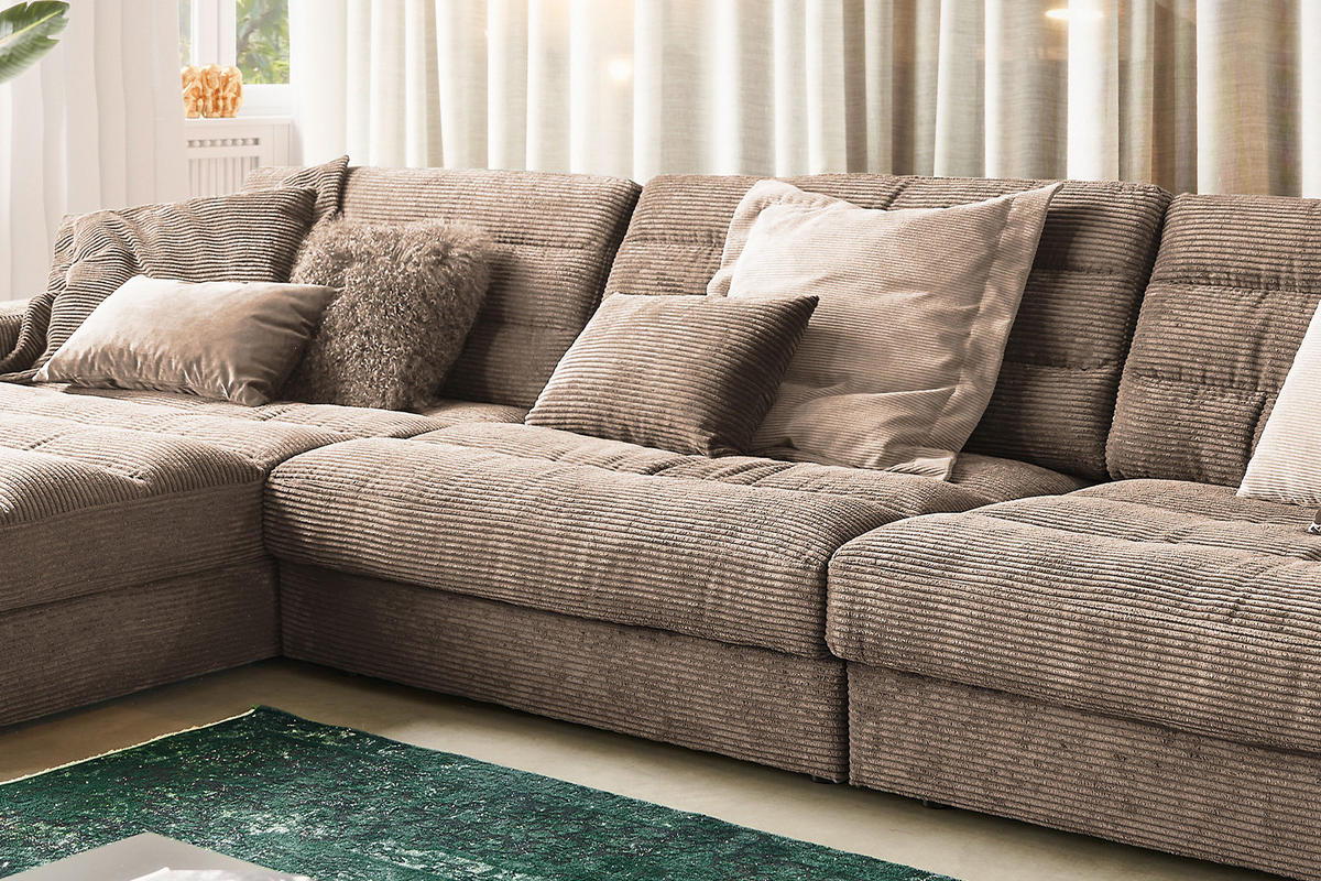 ECKSOFA XL LANA Taupe Cord - Taupe/Schwarz, Textil (416/205cm) - KAWOLA