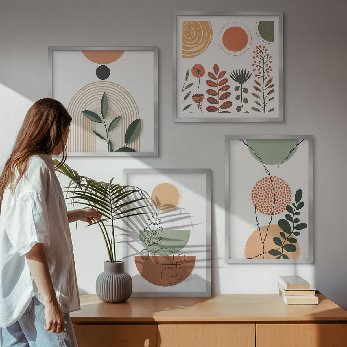 BILDER SET 4er Set - 50x50 cm & 40x60 cm Silberner Rahmen - Abstrakte Pflanzenformen - Silberfarben, Kunststoff (50/50cm) - TULUP