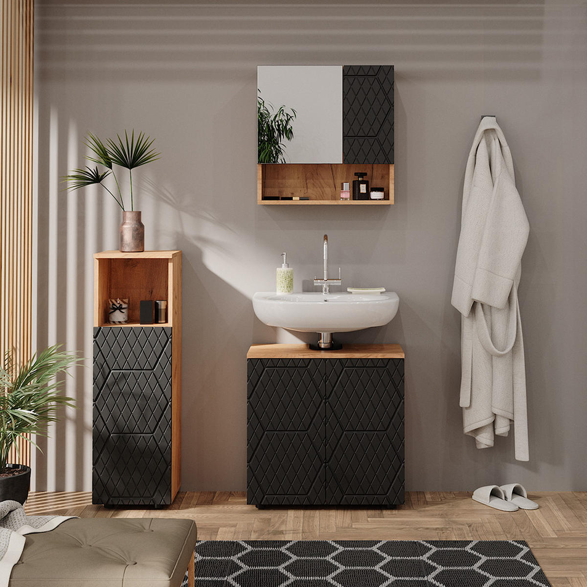 BADMÖBEL-SET Irma Anthrazit gestreift 3 Teile - Honigeiche/Anthrazit, Holzwerkstoff (80/58.6/41cm) - Vicco