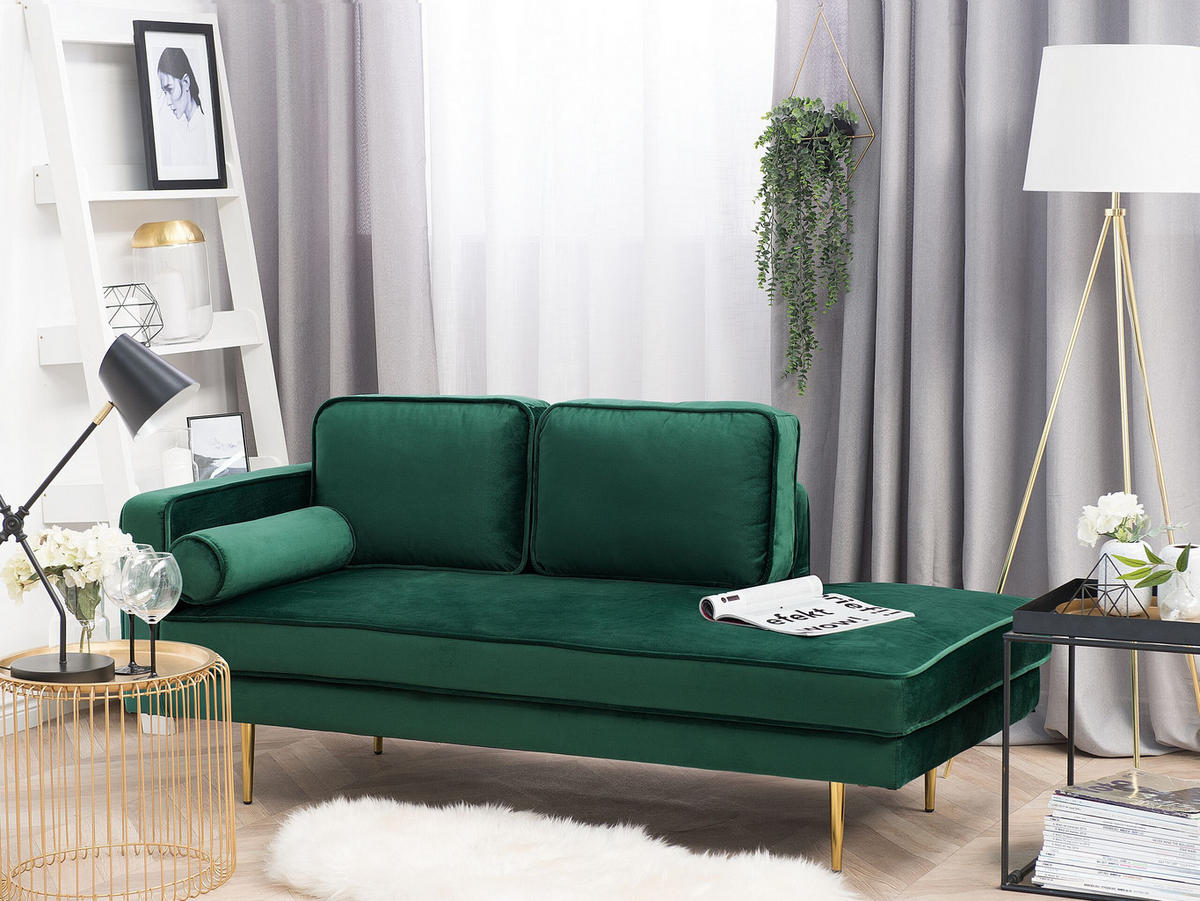 CHAISELONGUE Samtstoff smaragdgrün linksseitig Miramas - Goldfarben/Grün, Textil (171/63/79cm) - Beliani