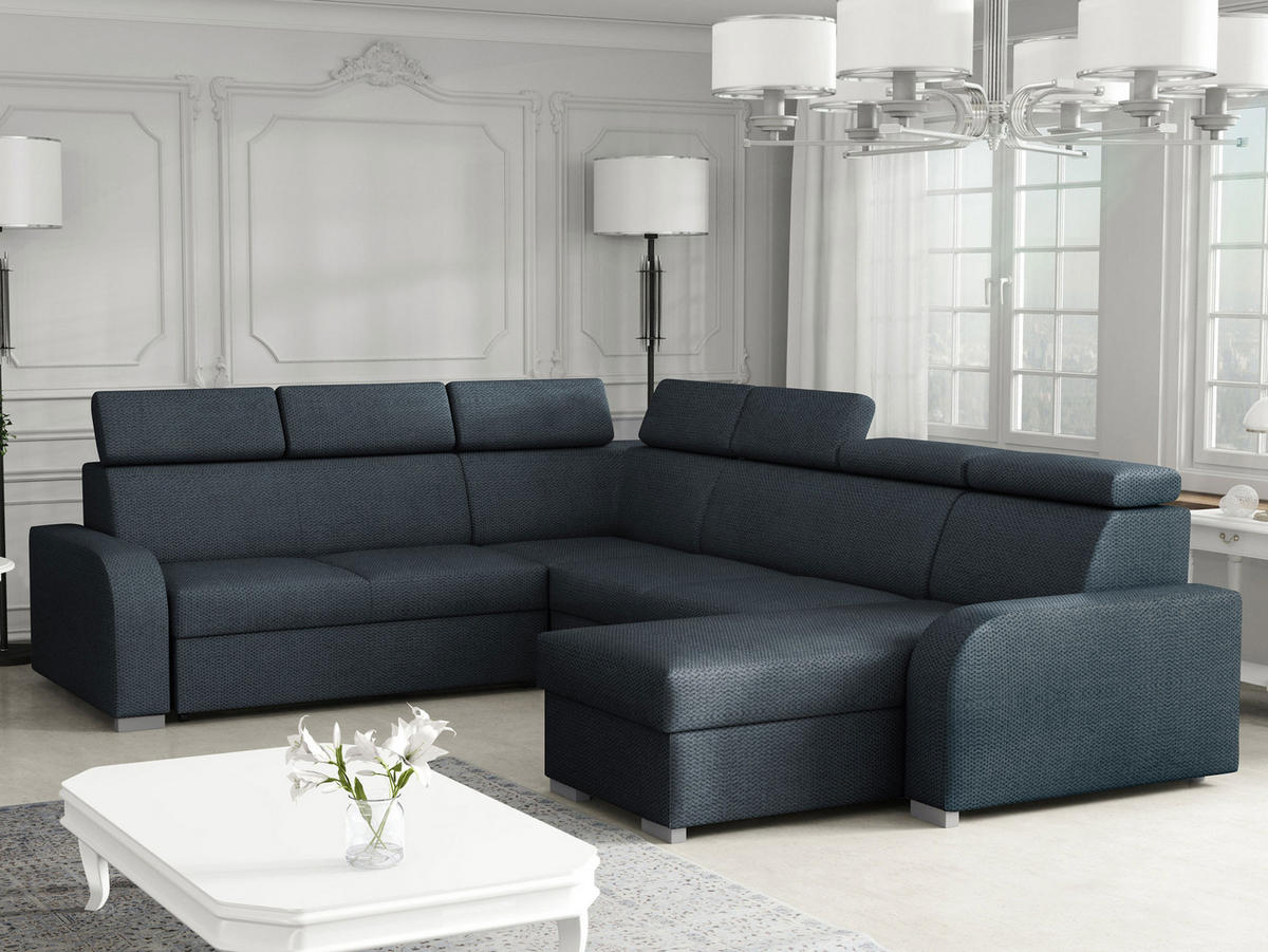 WOHNLANDSCHAFT Oslo 2rR2pLC - Silberfarben/Dunkelblau, Holz/Kunststoff (315/85/250cm) - MIRJAN24