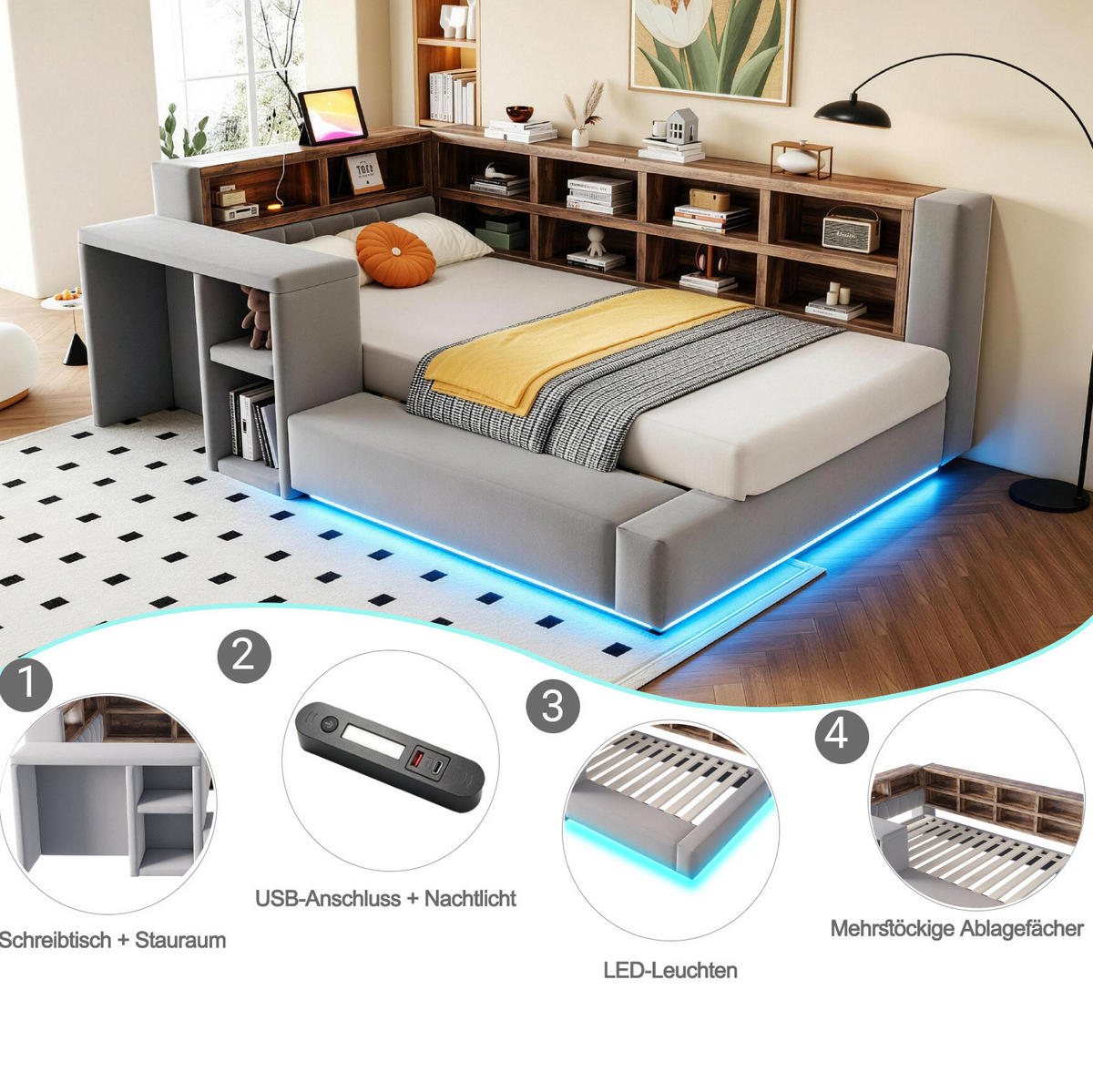 POLSTERBETT 90/200 cm aus Samtstoff mit LED, Dunkelgrau - Dunkelgrau, Textil (90/200cm) - OKMYHOME