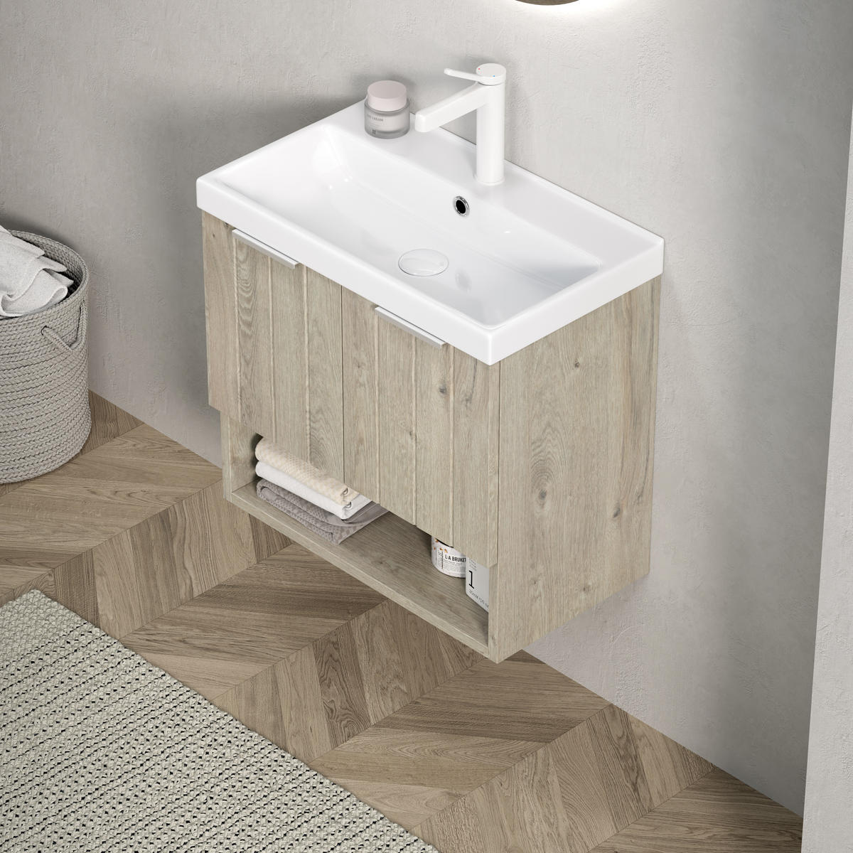 WASCHTISCHUNTERSCHRANK 55x32x53cm Creme/Weiß mit glänzendem Keramikbecken - Creme, Keramik (55/53/32cm) - Modfu