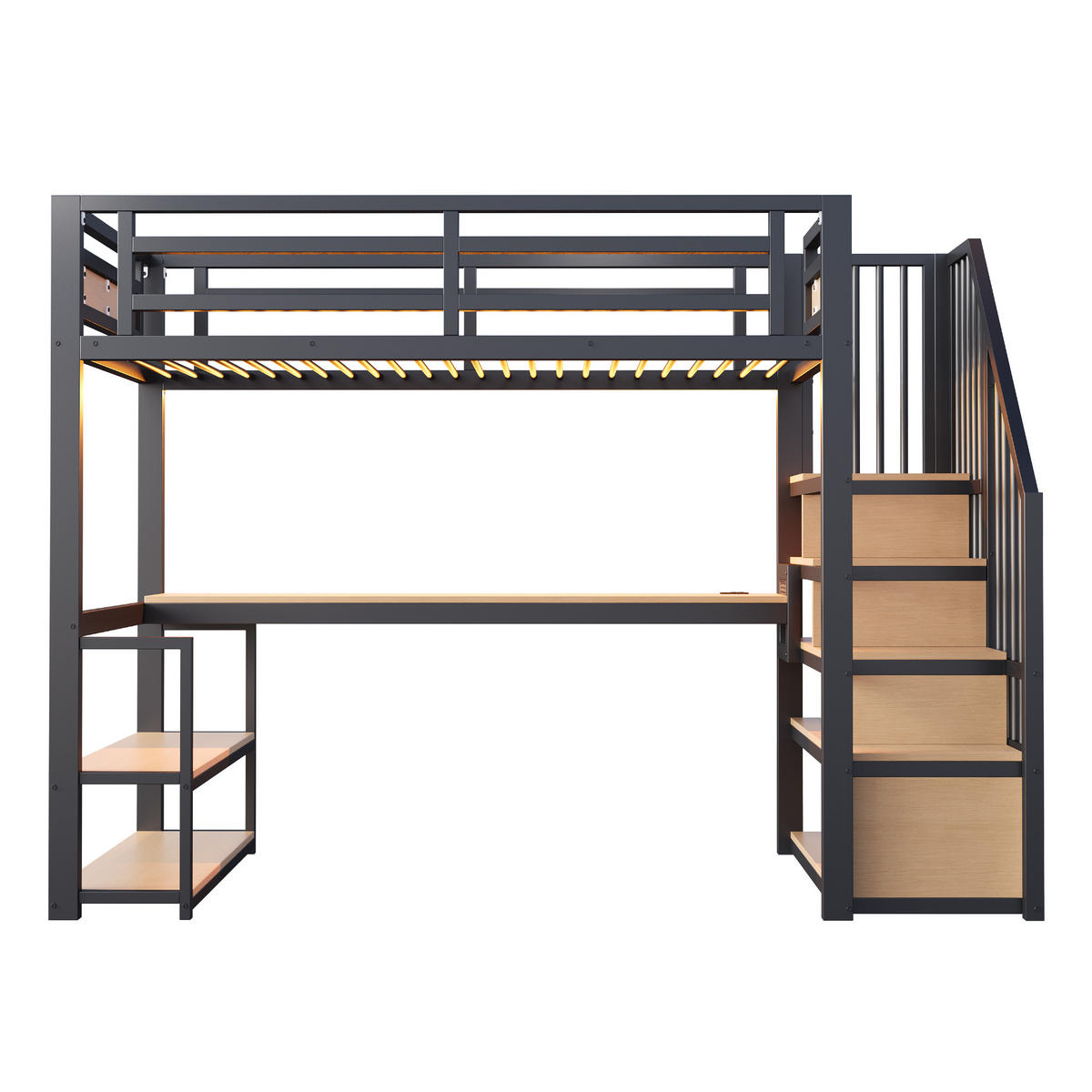 HOCHBETT 90/200 cm DE-01340, in Schwarz, mit Aufbewahrungsleiter, Tisch und Regalen - Schwarz, Metall (90/200cm) - ComfortXL