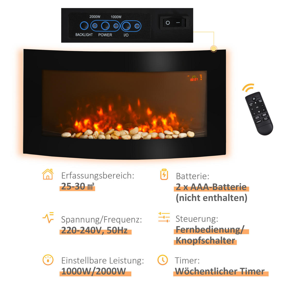 ELEKTROKAMIN Kaminofen Kamin Wandkamin mit Fernbedienung 2 Maße LED Licht - Schwarz, Metall (13.5/48/89.2cm) - HOMCOM