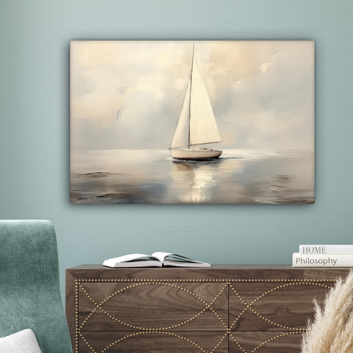 LEINWANDBILD Segelschiff - Meer - Bewölkt Wanddeko 90x60 cm - Creme, Textil (90/60cm) - MuchoWow