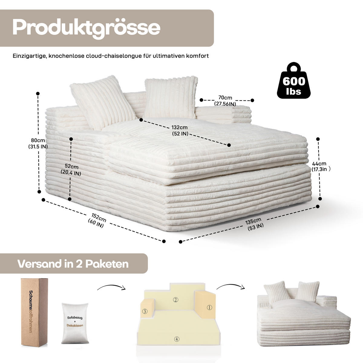 CHAISELONGUE Polstersofa Beige 86 - Beige, Textil (135/80/152cm) - Vercart