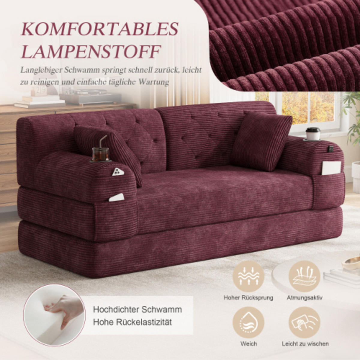 SCHLAFSOFA mit Metallrahmen weinrot 168×80×81 cm aus Cordstoff - Weinrot, Textil (80/81/168cm) - Luhomfu
