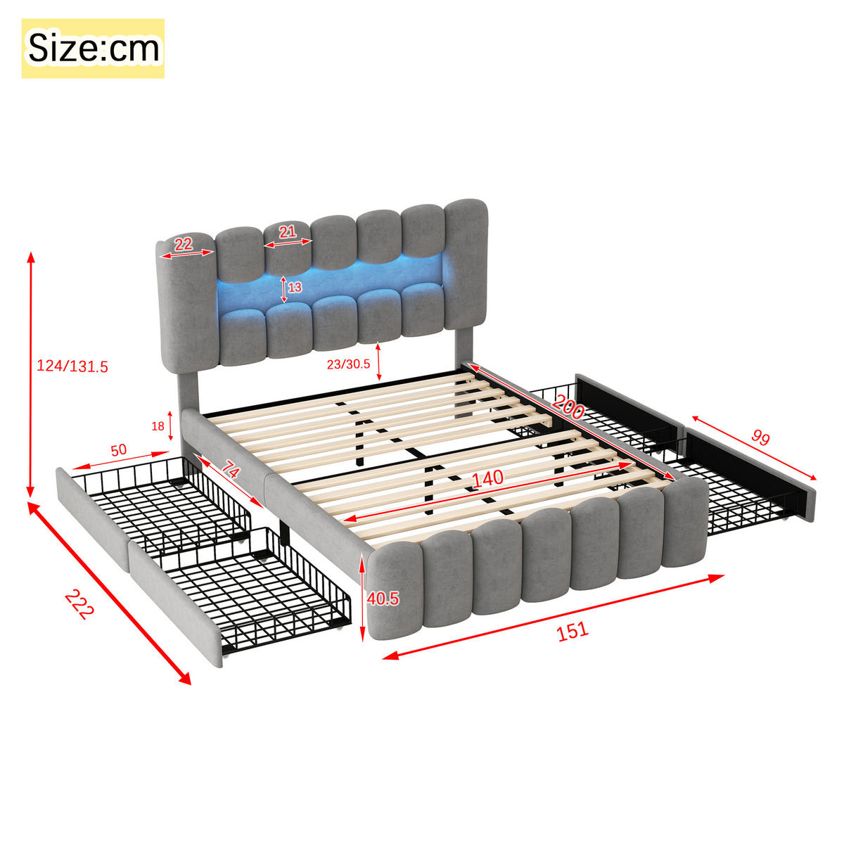 POLSTERBETT 140/200 cm Grau mit 4 Schubladen und LED-Beleuchtung - Grau, Textil (140/200cm) - OKWISH