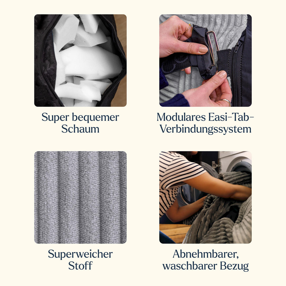 SITZSACK-SOFA 6-tlg. ZEN: 2 Ecksessel, 3 Sessel, Fußstütze - Grau, Textil (450/68/100cm) - icon