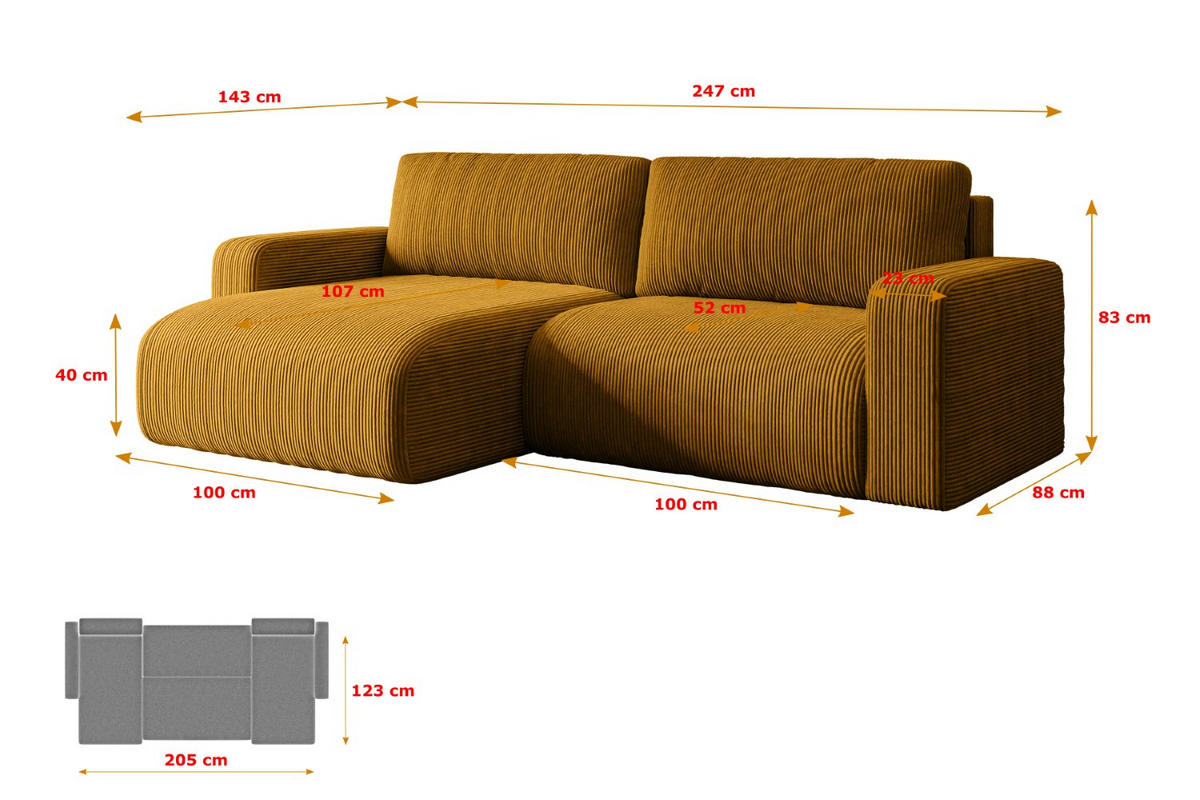 ECKSOFA mit Schlaffunktion und Bettkasten KLEEA-L - 247x143x83 cm Senfgelb Cord - Gelb/Schwarz, Holzwerkstoff/Kunststoff (247/143cm) - ALTDECOR