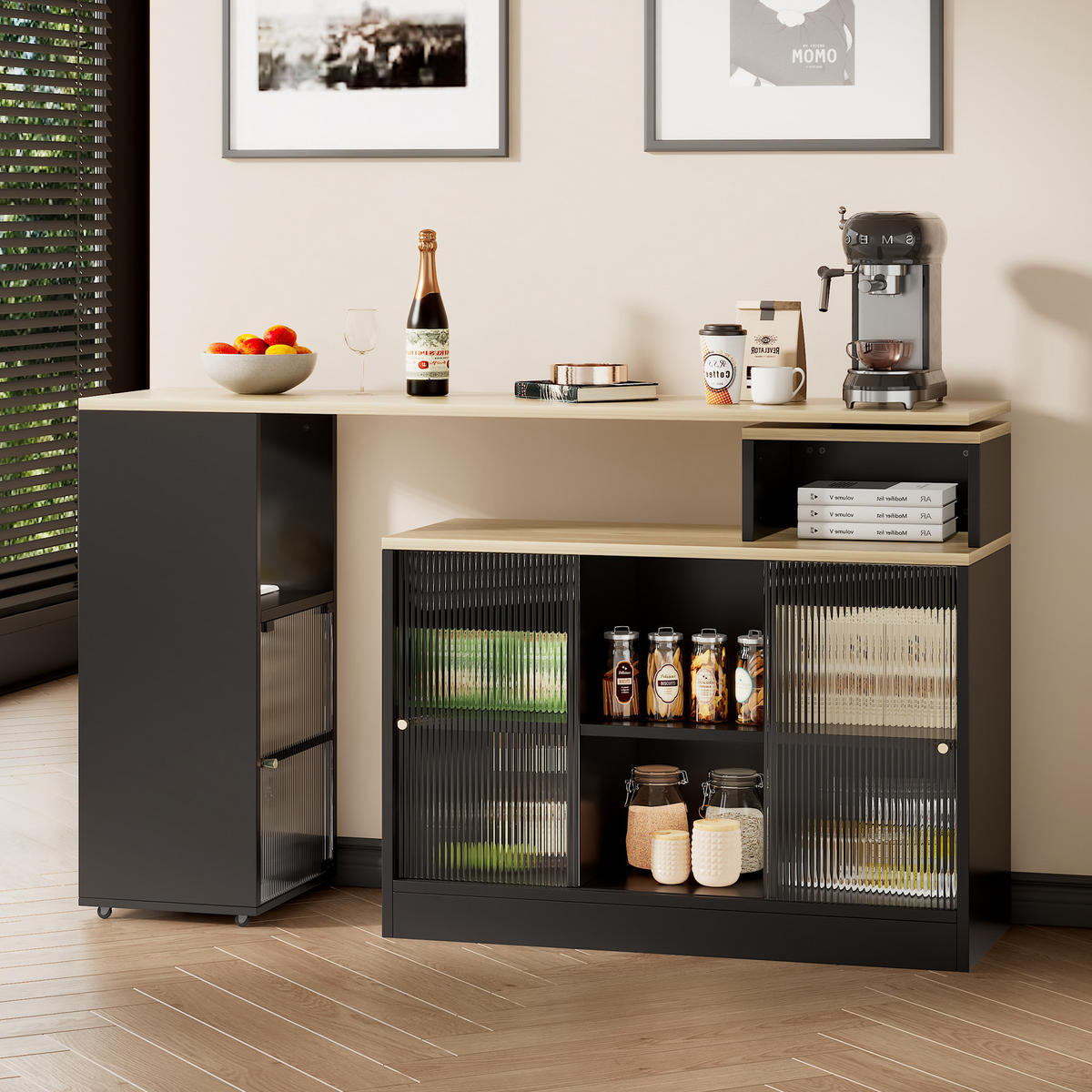 BARTISCH 155/100/90 cm schwarz ausziehbar mit Stauraum und Drehfunktion - Schwarz, Holzwerkstoff (100/90/155cm) - OKWISH