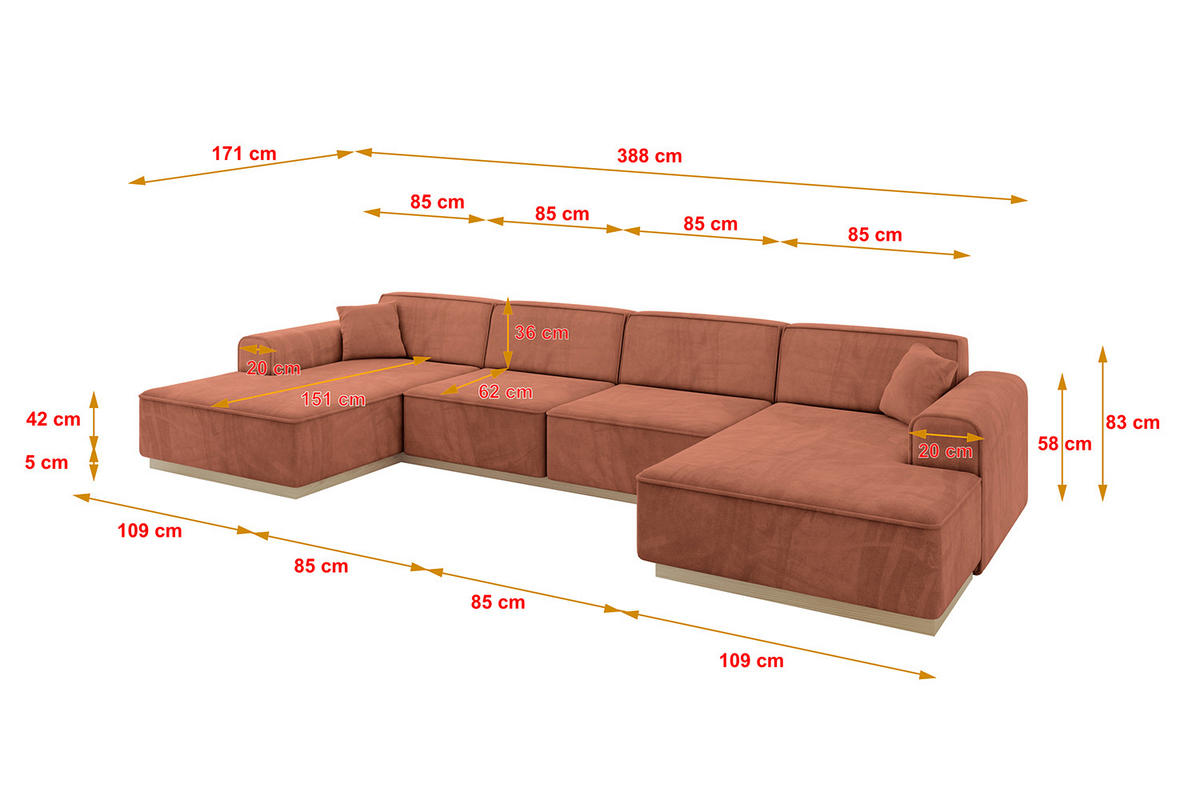 WOHNLANDSCHAFT IREA-U2 - 388x171x83 cm Apricot - Koralle, Holzwerkstoff/Textil (388/83/171cm) - ALTDECOR