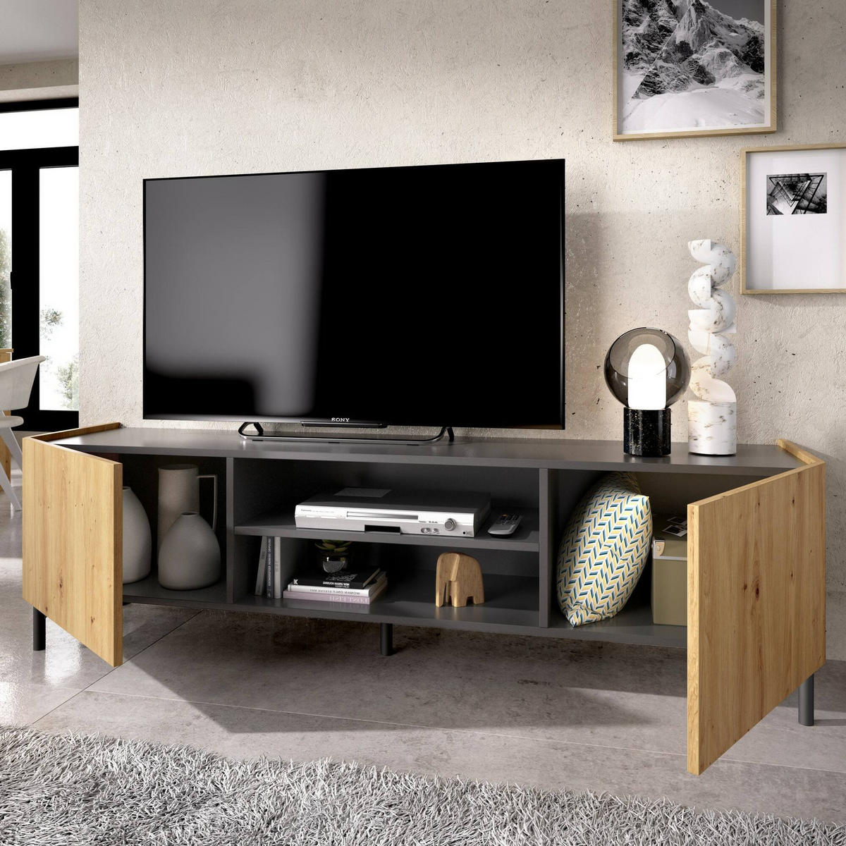 FERNSEHSCHRANK Eiche Knoten, Anthrazit 35/161/45.2 cm - Braun, Holzwerkstoff (161/45.2/35cm) - DMORA