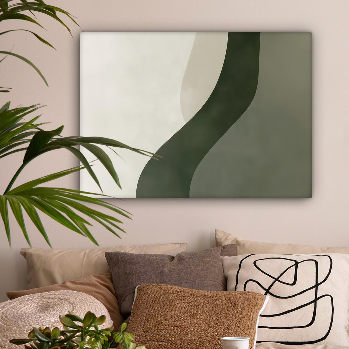 LEINWANDBILD Japandi - Grün - Abstrakt - Modern Wandbilder 80x60 cm - Salbeigrün, Textil (80/60cm) - MuchoWow